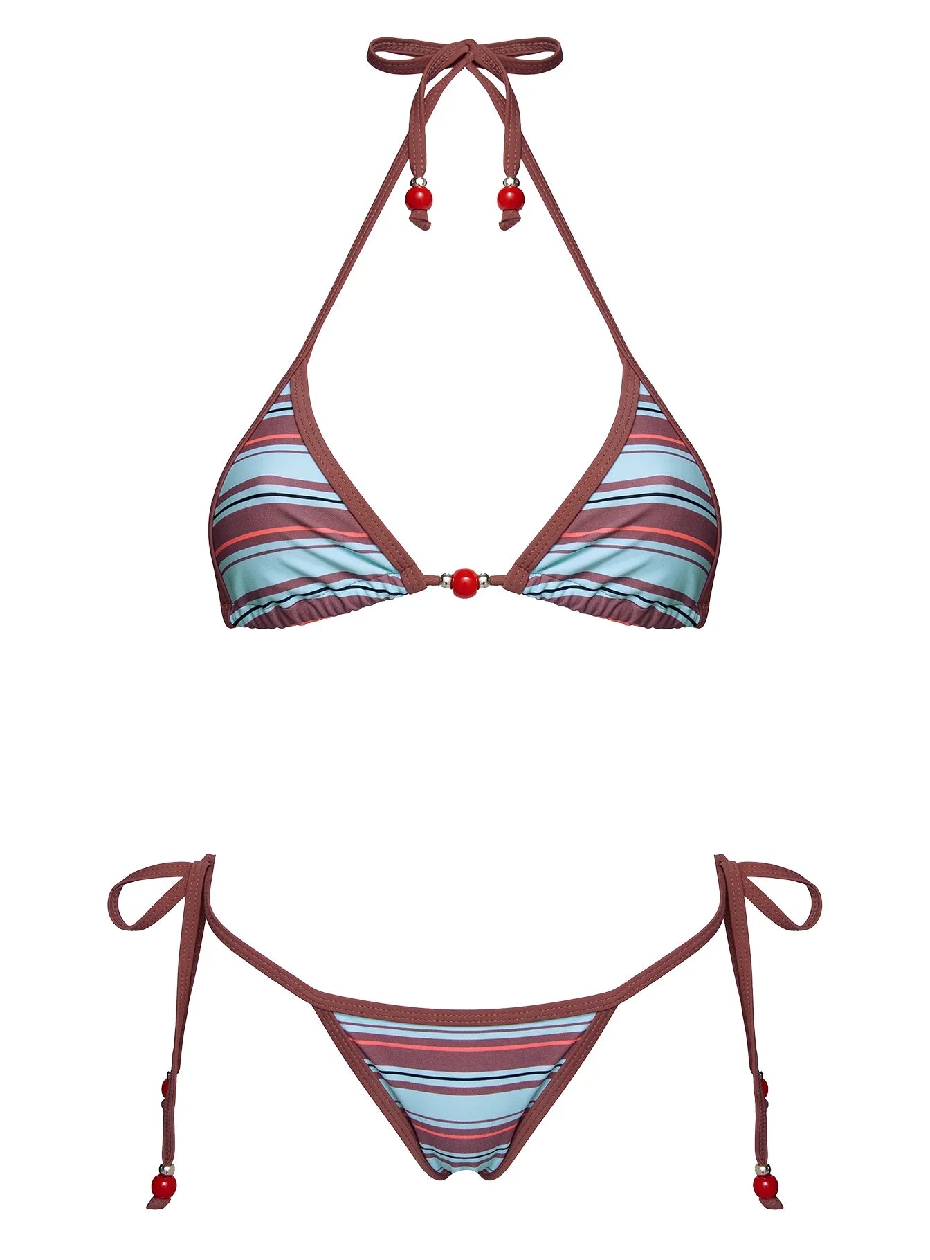 Mikaya Beaded Triangle Bikini Top Blue / Brown Stripe