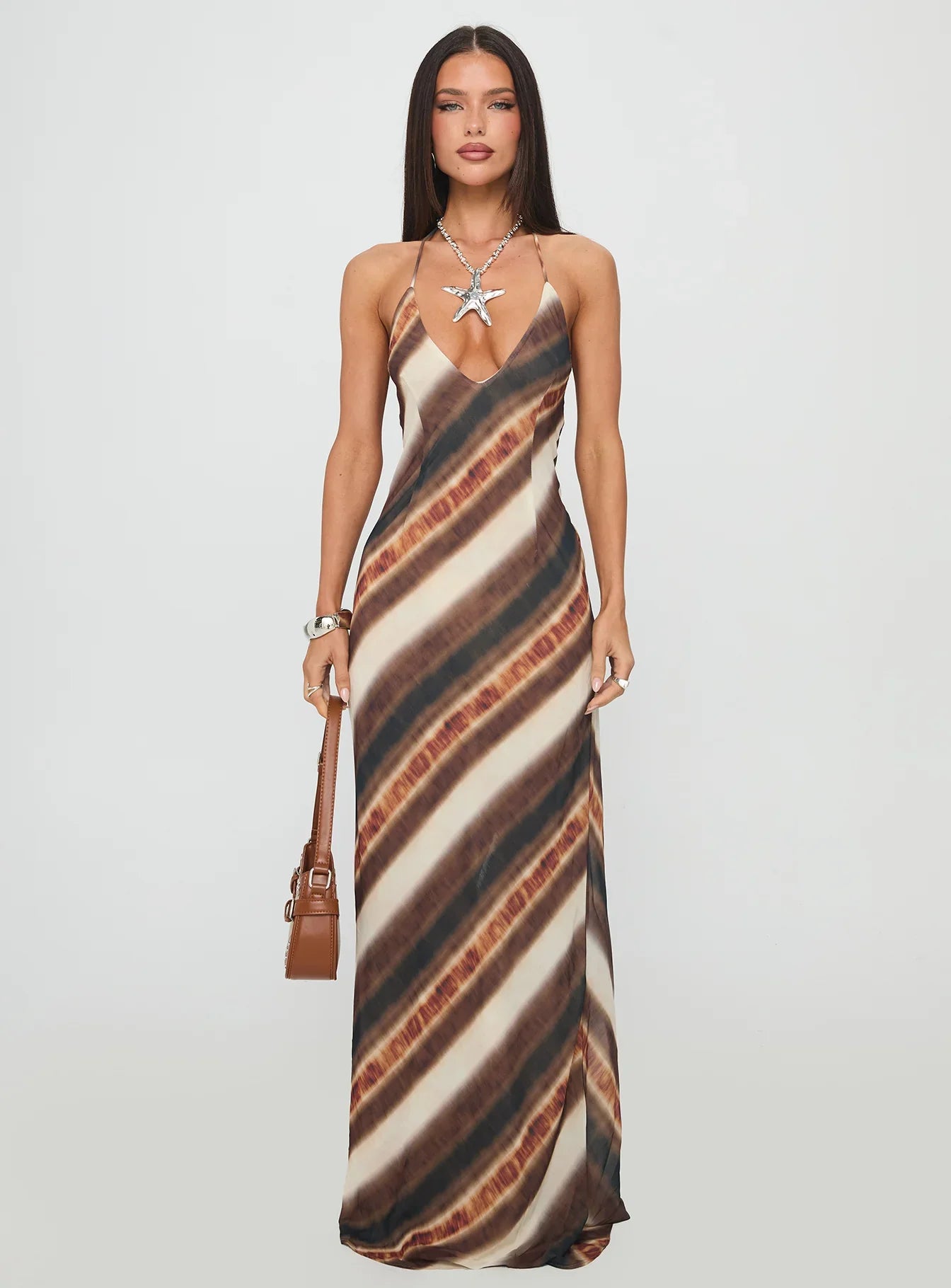 Esmira Halter Maxi Dress Brown Stripe