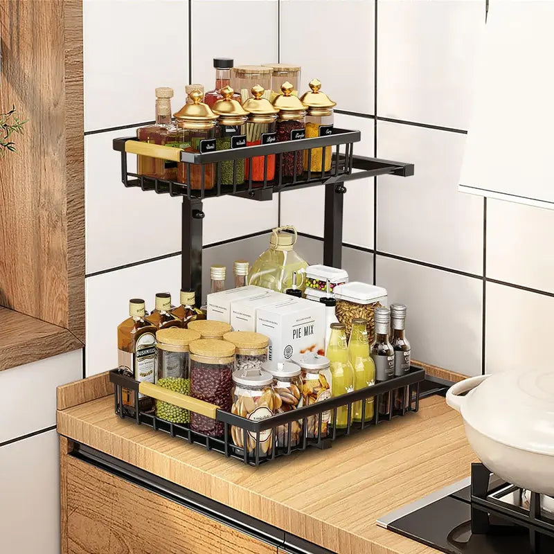 2-Tier Under Sink Organizer with Pull-Out Drawer – Height Adjustable Cabinet Storage Rack for Kitchen, Bathroom & Laundry Room