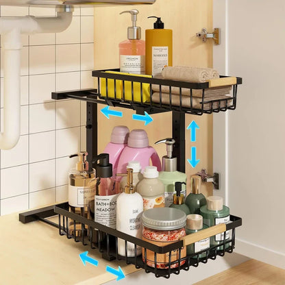 2-Tier Under Sink Organizer with Pull-Out Drawer – Height Adjustable Cabinet Storage Rack for Kitchen, Bathroom & Laundry Room