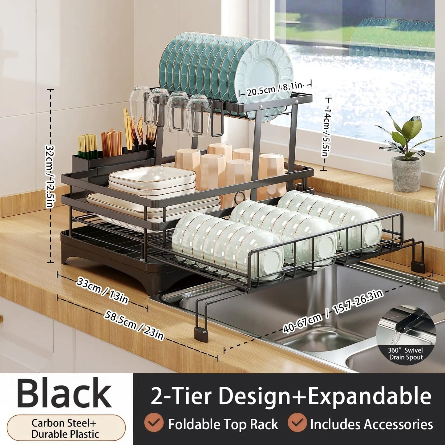 Black 2-tier expandable over-sink dish drying rack