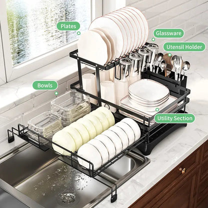 Dish rack storage sections for plates bowls glasses and utensils
