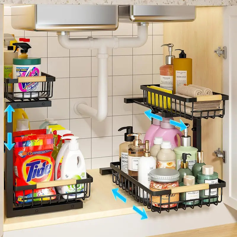 2-Tier Under Sink Organizer with Pull-Out Drawer – Height Adjustable Cabinet Storage Rack for Kitchen, Bathroom & Laundry Room