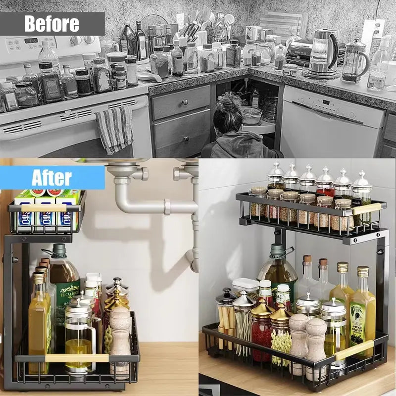 2-Tier Under Sink Organizer with Pull-Out Drawer – Height Adjustable Cabinet Storage Rack for Kitchen, Bathroom & Laundry Room