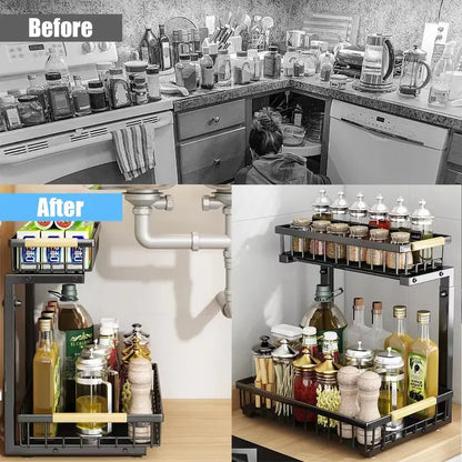 2-Tier Under Sink Organizer with Pull-Out Drawer – Height Adjustable Cabinet Storage Rack for Kitchen, Bathroom & Laundry Room