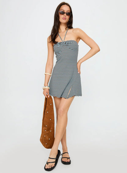Knoxi Halter Jersey Mini Dress Blue / Brown Stripe