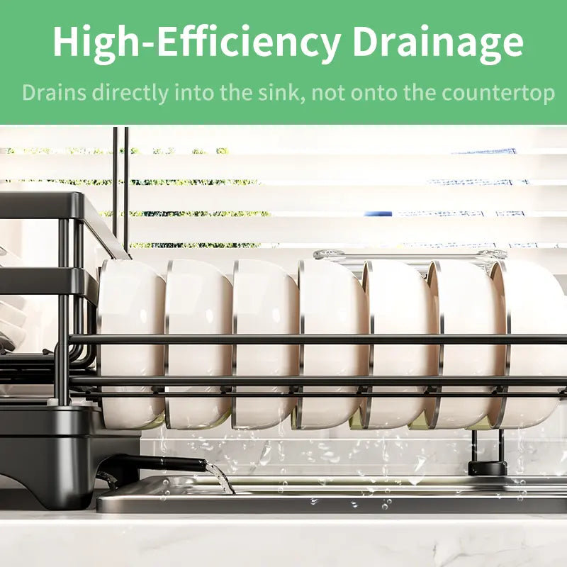 Dish drying rack drainage system directing water into sink