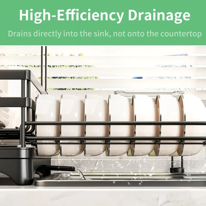Dish drying rack drainage system directing water into sink