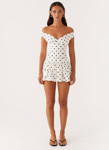 Endless Romance Off Shoulder Mini Dress - White Polka Dot