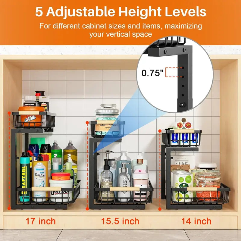 2-Tier Under Sink Organizer with Pull-Out Drawer – Height Adjustable Cabinet Storage Rack for Kitchen, Bathroom & Laundry Room