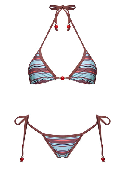 Mikaya Beaded Triangle Bikini Top Blue / Brown Stripe