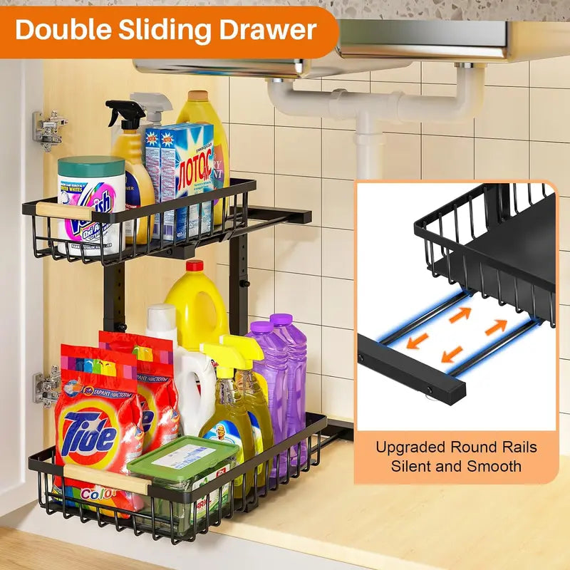 2-Tier Under Sink Organizer with Pull-Out Drawer – Height Adjustable Cabinet Storage Rack for Kitchen, Bathroom & Laundry Room