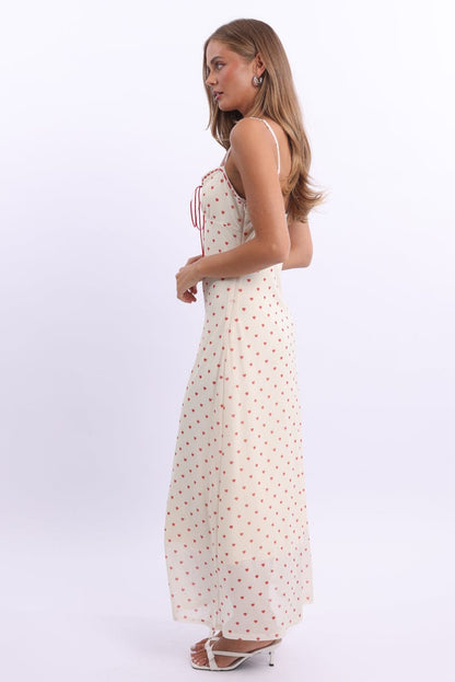 White Print Maxi Dress Lace Satin Tape