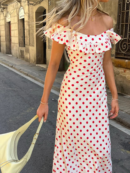Semi-Sheer Polka Dot Ruffle Hem Off-Shoulder Long Dress
