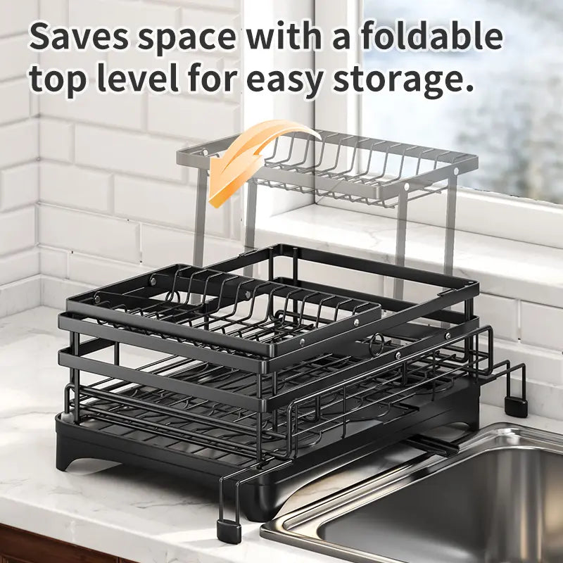 Foldable upper rack for compact kitchen storage