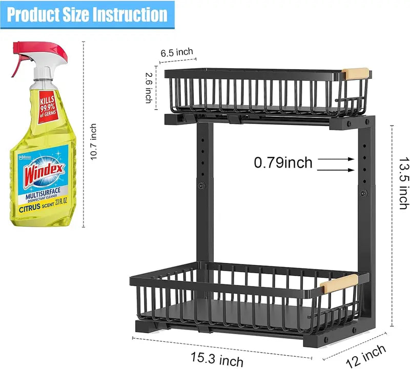 2-Tier Under Sink Organizer with Pull-Out Drawer – Height Adjustable Cabinet Storage Rack for Kitchen, Bathroom & Laundry Room