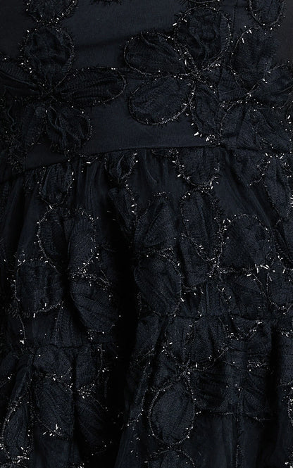 Marzy Mini Dress - Strapless Floral Detail Lace Fit and Flare Dress in Black