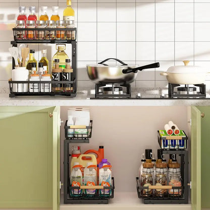 2-Tier Under Sink Organizer with Pull-Out Drawer – Height Adjustable Cabinet Storage Rack for Kitchen, Bathroom & Laundry Room