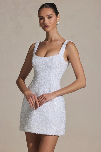 Embellished Structured A-Line Mini Dress in White