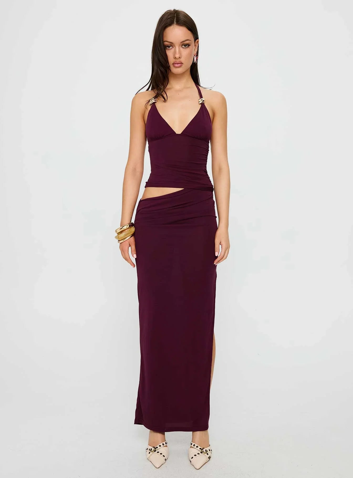 Imeraldia Hardware Halter Maxi Dress Currant