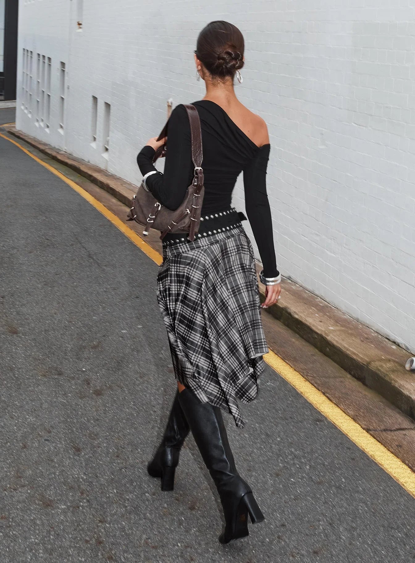 Scholar Asymmetrical Midi Skirt Grey Check