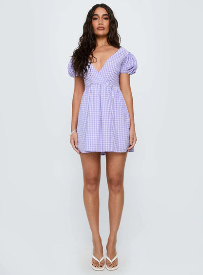Chavelle Puff Sleeve Mini Dress Purple Check