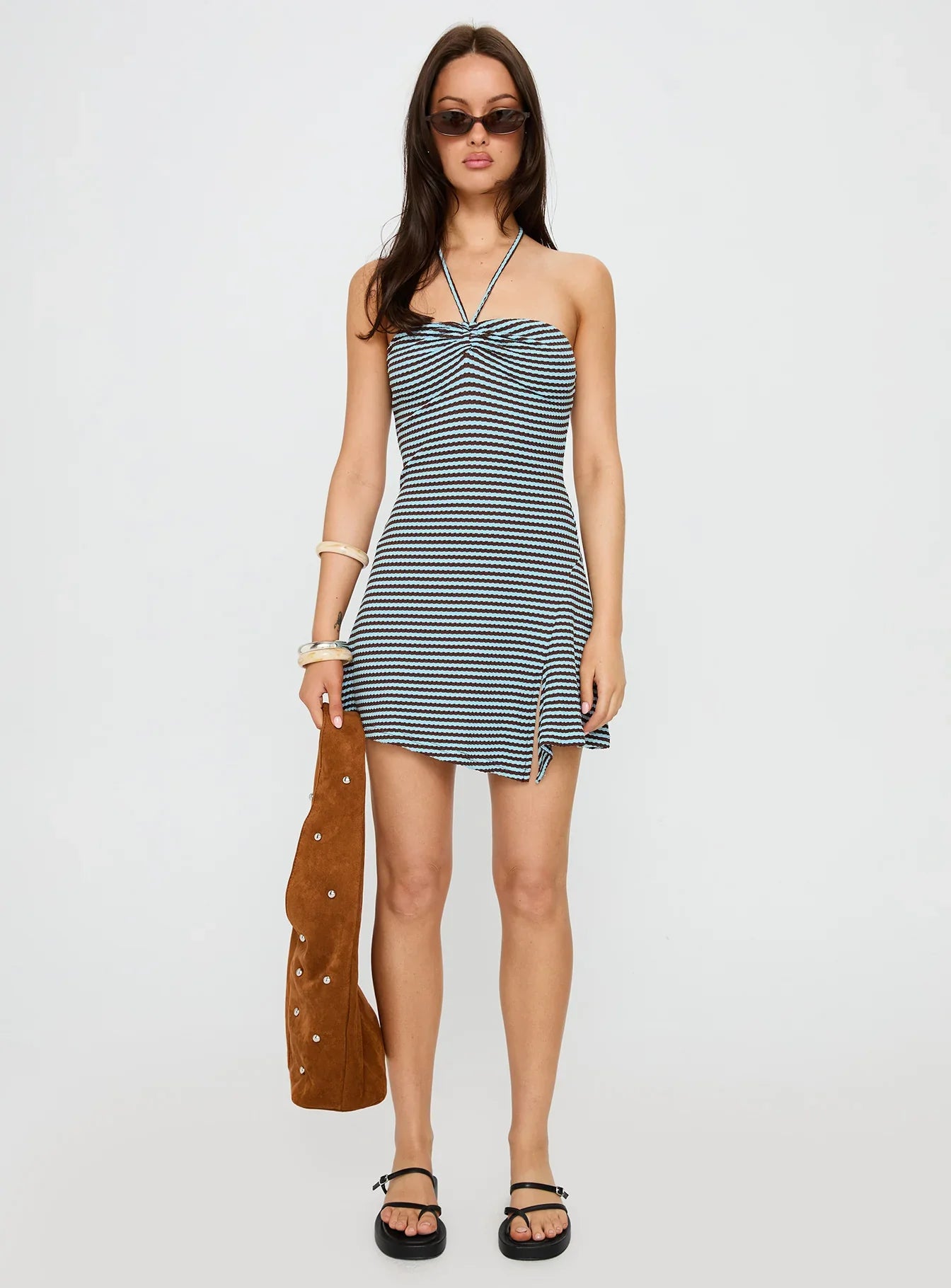 Knoxi Halter Jersey Mini Dress Blue / Brown Stripe