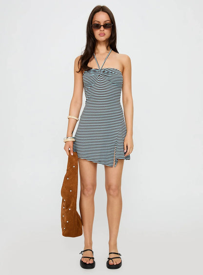 Knoxi Halter Jersey Mini Dress Blue / Brown Stripe