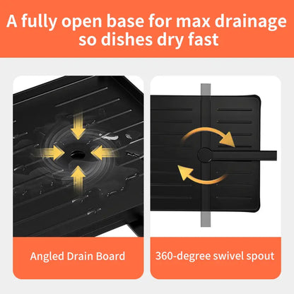 Angled drain board with 360-degree swivel spout