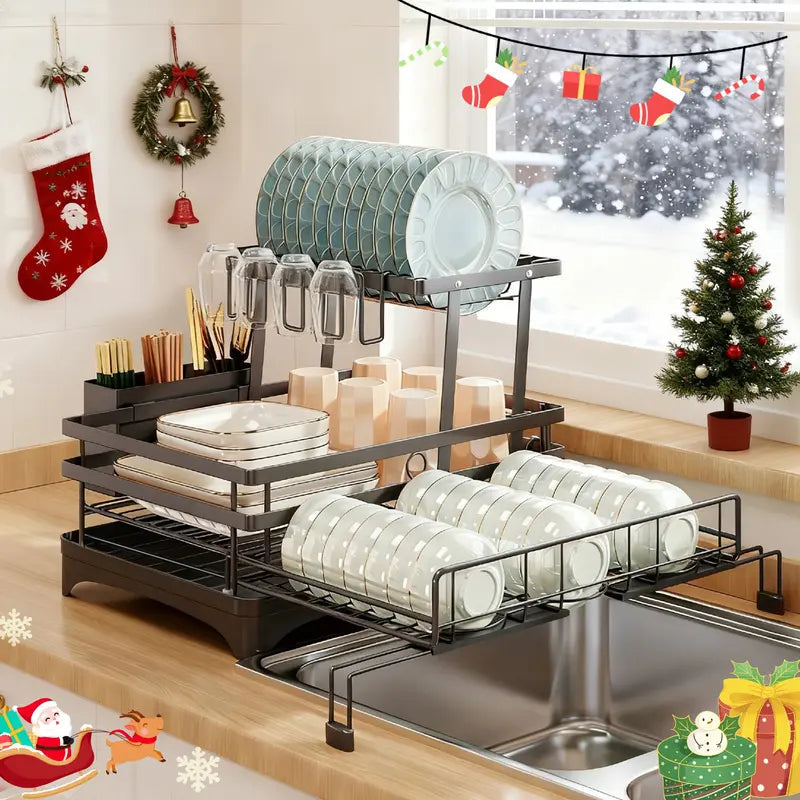 Foldable dish drying rack shown beside a kitchen sink